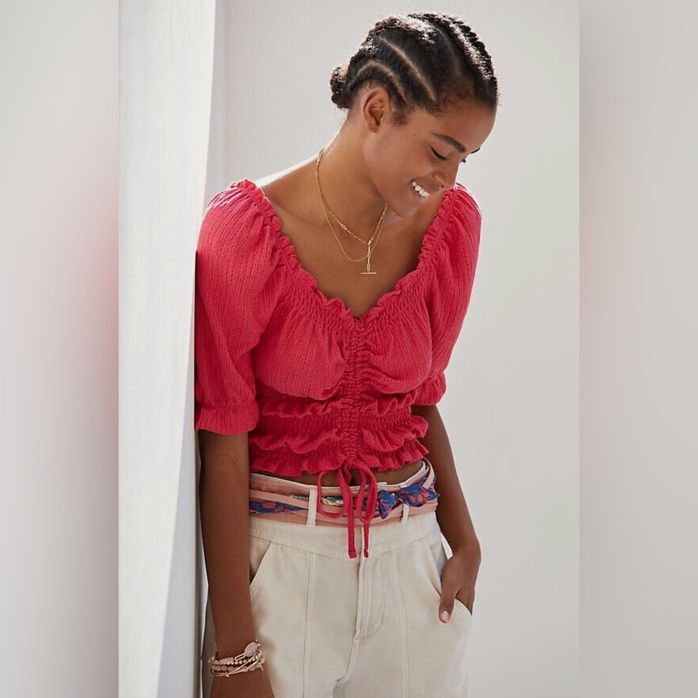 Anthropologie Pilcro Puff-Sleeve Ruched Top